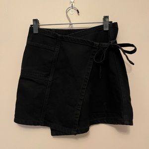 Black denim asymmetrical wrap skirt